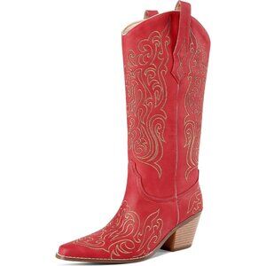 Women Red Knee High Boots Cowgirl Boots Cowboy Tall Boots Western Wide Calf